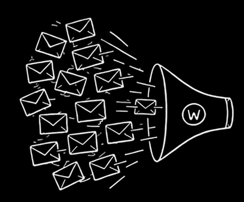 Illustration: a megaphone pulling in a swarm of emails.